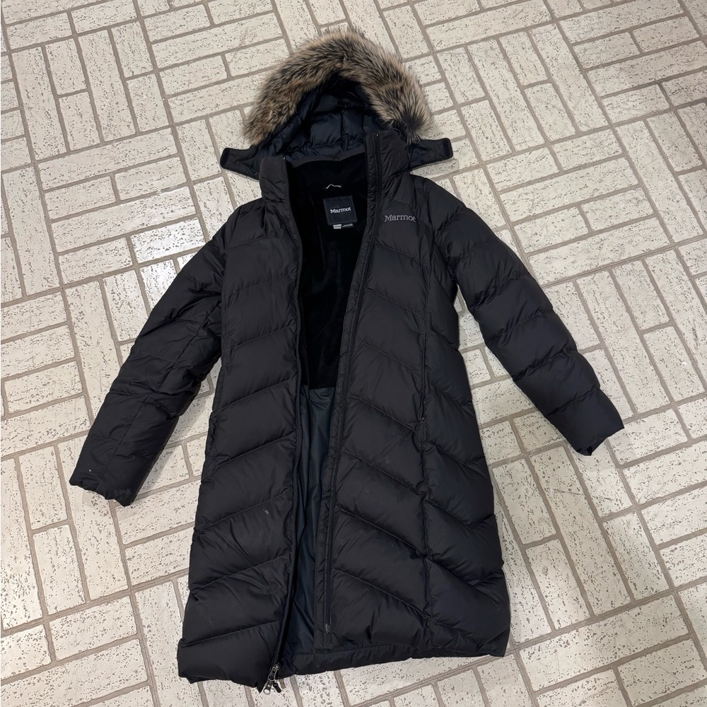 Marmot Women's Black Puffer Coat with Fur Trim